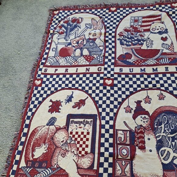 Vintage Howard Design Tapestry Throw Blanket All 4 Seasons Bunny Bear Snowman - Picture 4 of 9